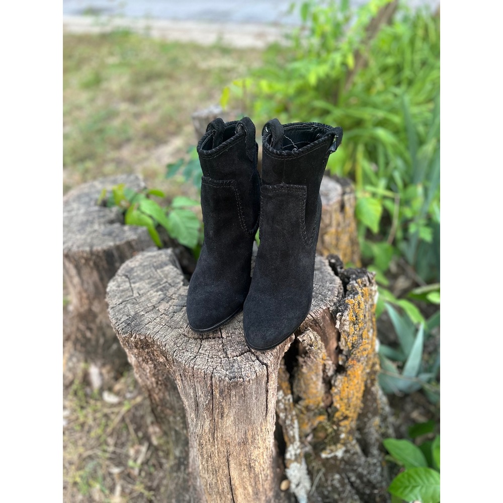 Black Suede Western Ankle Boots Whipstitch Pointed Toe Cone Heel Booties